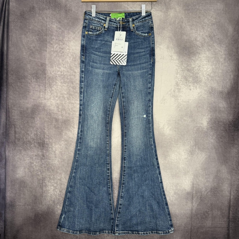 NWT Sandrine Rose Jeans Womens 24 Blue Flare Distressed Denim High Rise SR‎ D103